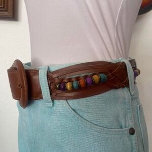 Vintage brown genuine leather braided beaded belt vintage belt